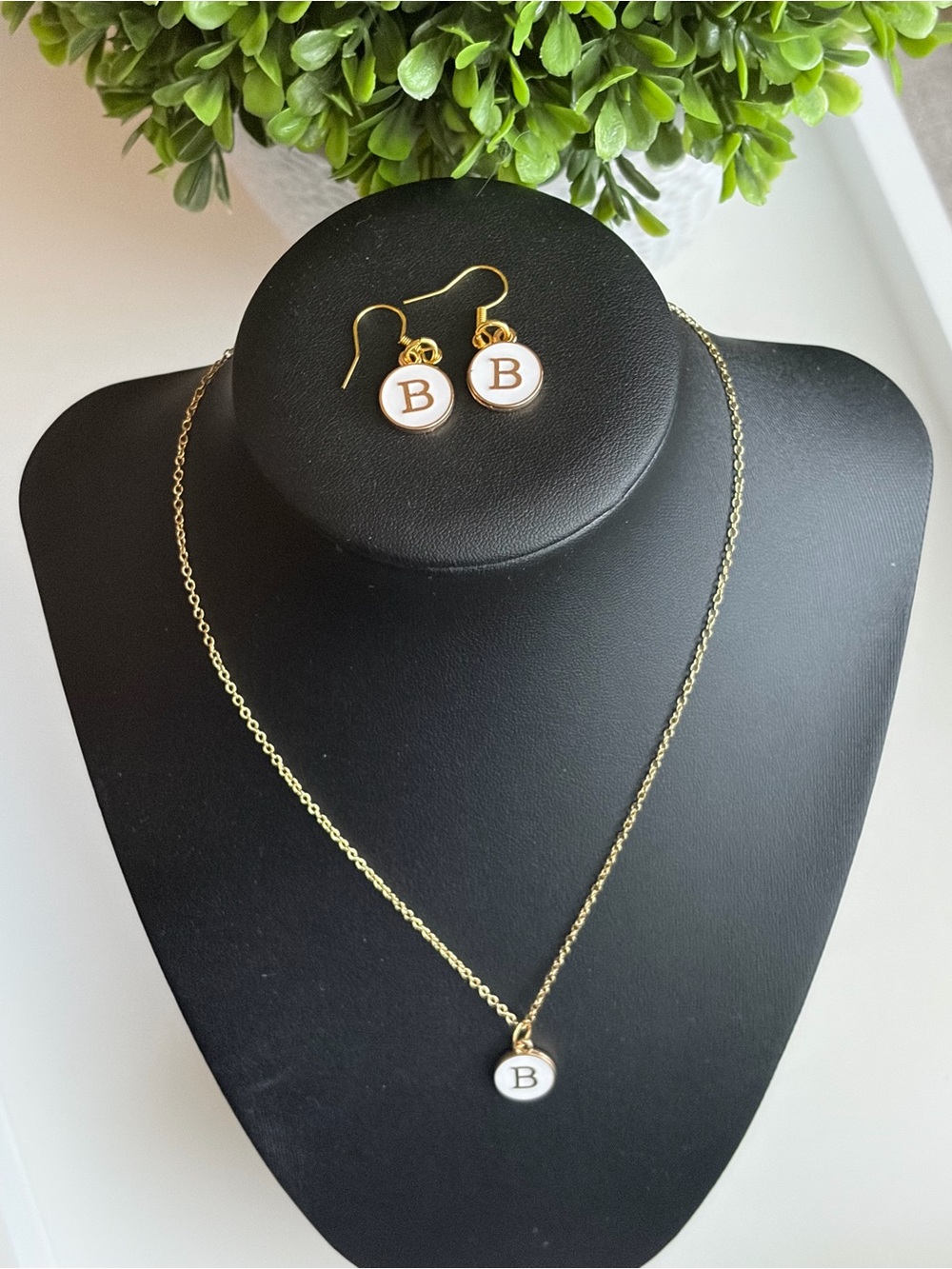 Gold Initial 'B' Necklace and Earrings Set - White Enamel